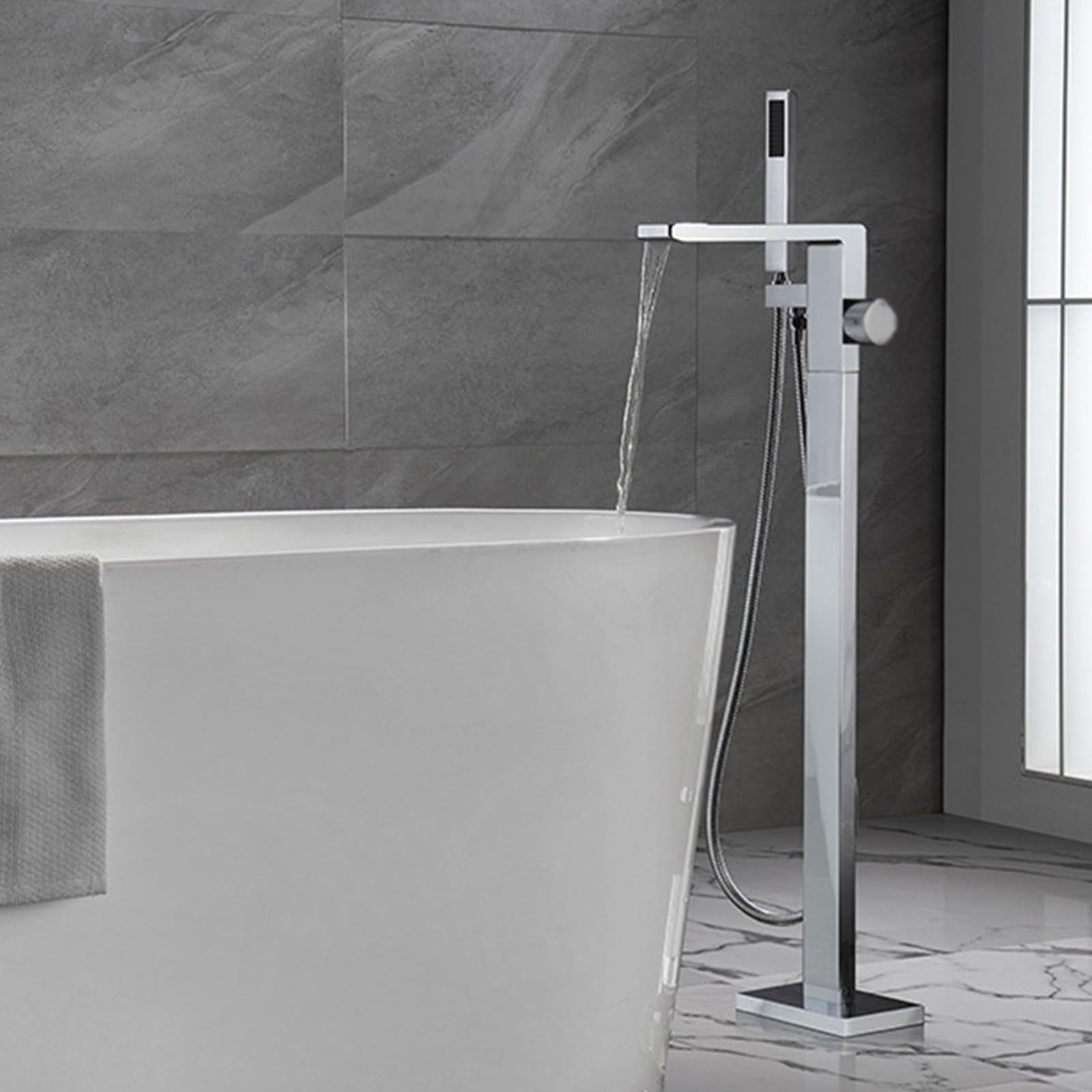 HADECOLL Freestanding Bath Waterfall Tap 2 Functions Brass Floor Standing Bath Tap Floor Freestanding Bath Tap Faucet Freestanding Bathtub Faucet, Chrome
