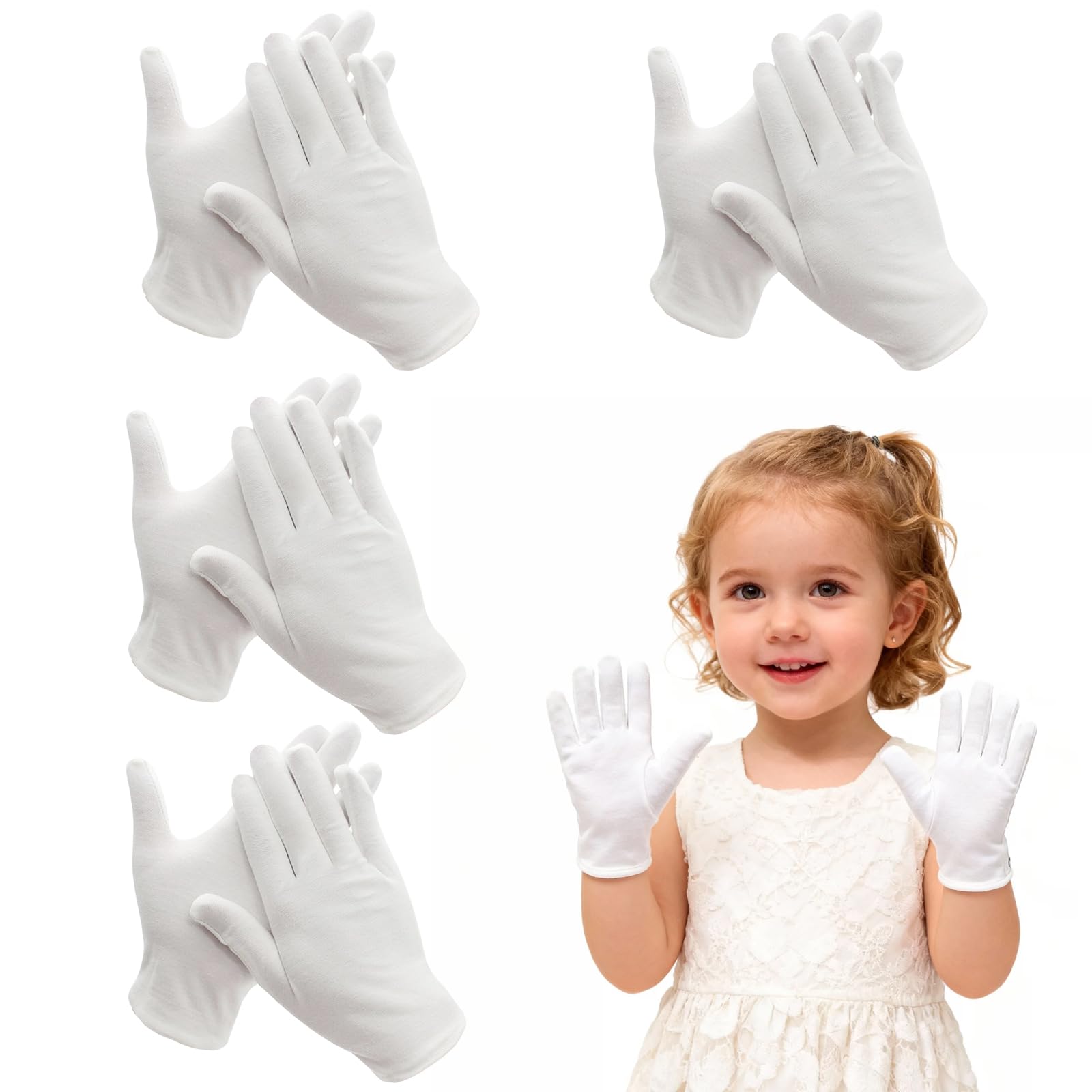 Guanti Cotone Dermatologici Bambini, 4 Coppie Comodi Guanti in Cotone di Cura Guantis Bianchiper Mani Secche, Guantis per Eczema per la Notte Bambini (3-5 anni)