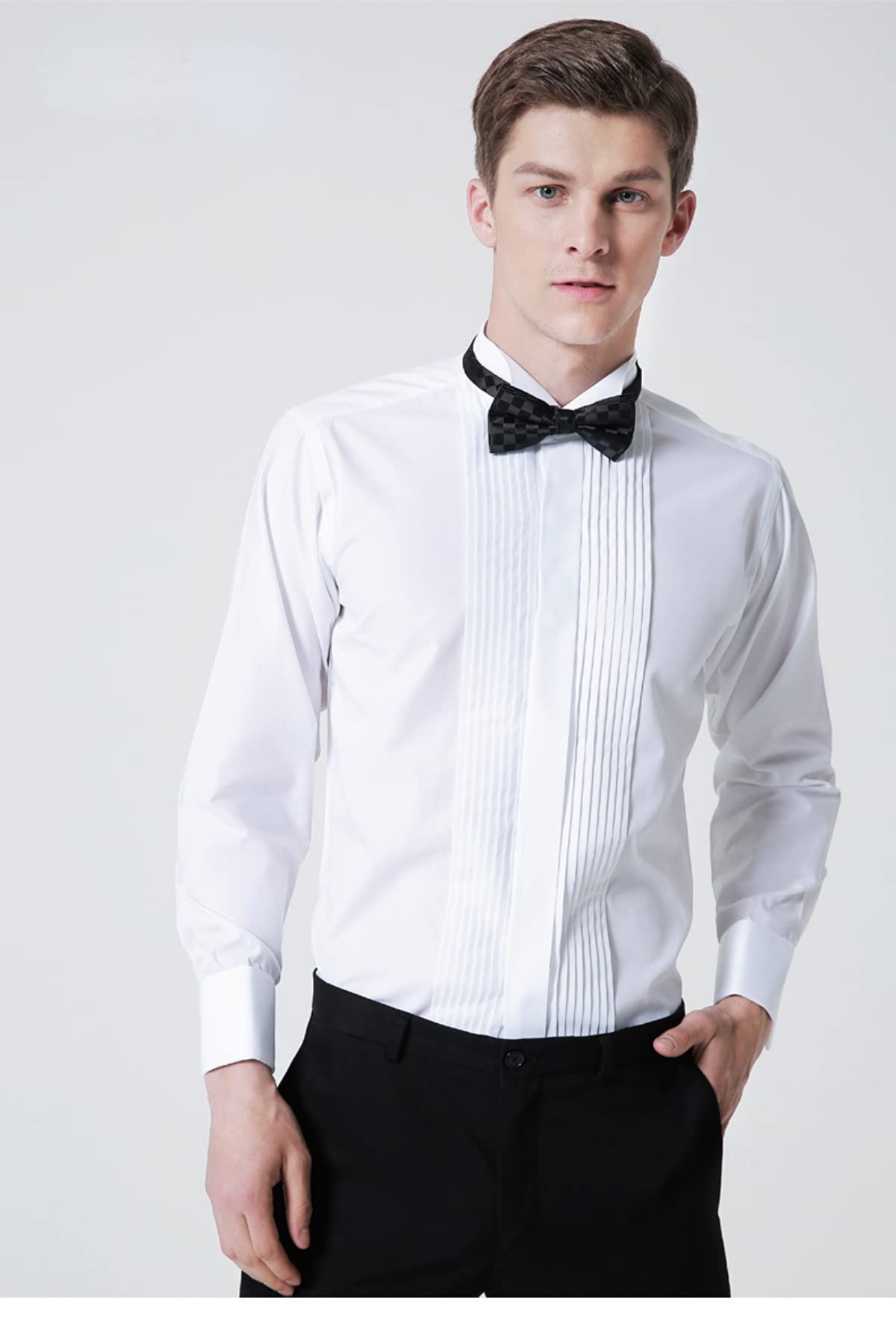 Camicia da uomo alla francese, slim fit, plissettata, colletto pieghevole, camicia da sera, matrimonio, smoking, cena, camicie con papillon