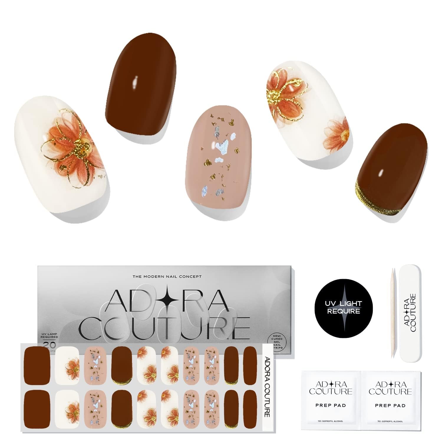 Adora Couture Semi Cured Gel Nail Strips with 30 Pieces, Salon Quality Nail Wraps for Women, UV Light Required, Gilded Flower