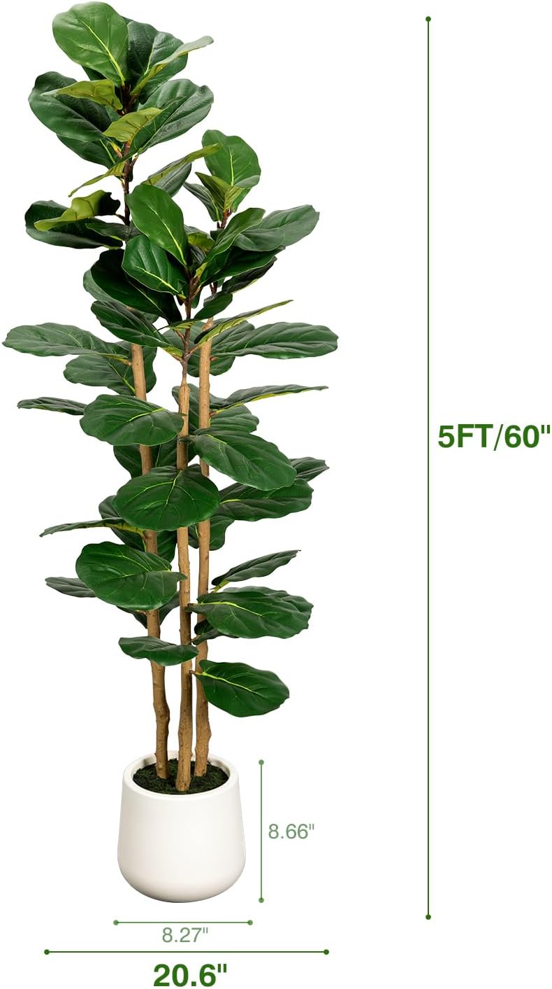 Artificial Fiddle Leaf Fig Tree in Modern White Planter, 5ft Large Fake Tree with 3 Sturdy Trunks, Fake Plants Faux Fig Tree with Moss, Lifelike Tall Artificial Plants Indoor for Office Home Decor