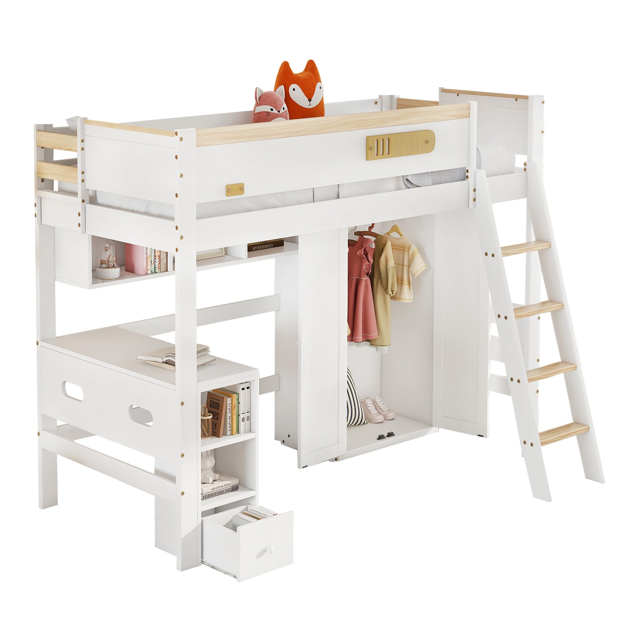 Cama Alta para Niños 90 x 200 cm, Litera con Rejilla de Protección, Mesa, Armario y Estantería Abierta - Amplio Espacio de Almacenamiento