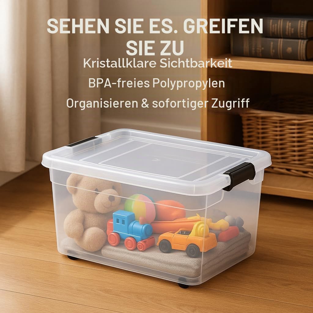 POSH Transparente Aufbewahrungsbox mit Deckel und Rollen 15/30/50/60/80 Liter, 3er-Set, Kunststoffbox stapelbar für Haushalt, Verschlussclips, Organisation (3x 60L)