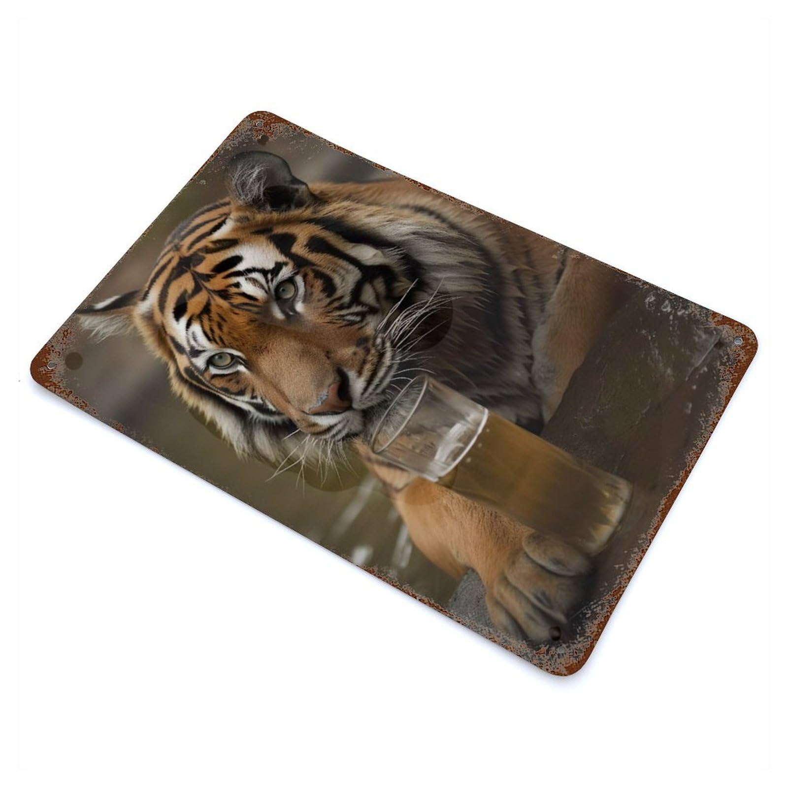Tiger Drinking Beer Aged Metal Wall Plaque 11.8"x7.9", Industrial Home Decor for Pub, Kitchen And Man Cave Decor