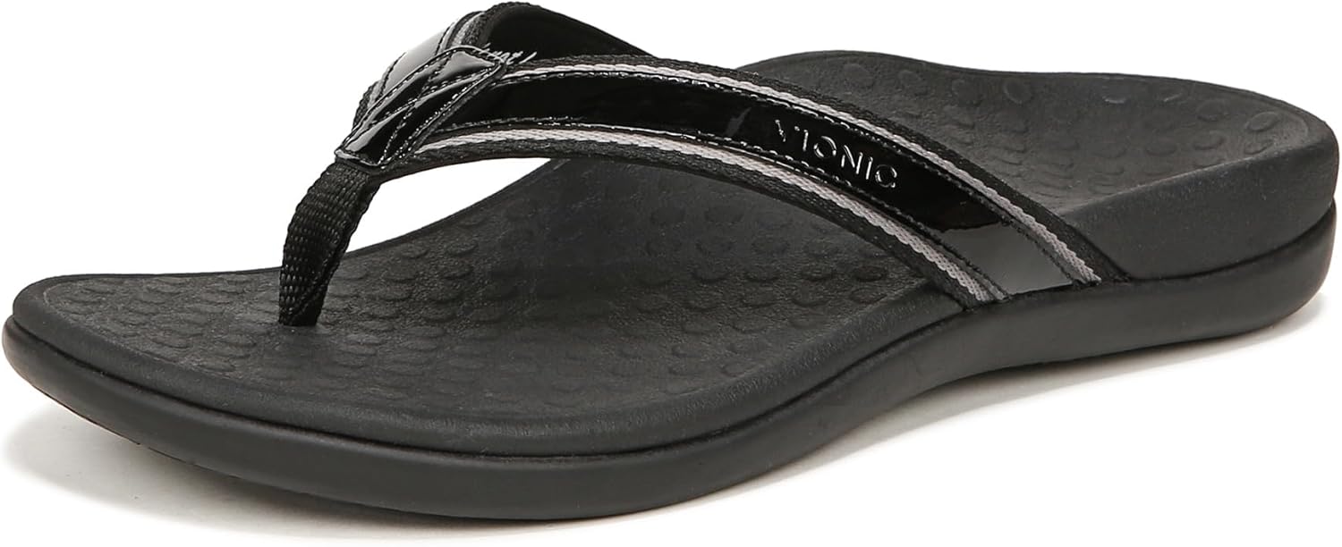 Vionic Women's Rest Tide Sport Toe Post Sandal - Supportive Everyday Slide Sandals That Includes an Orthotic Insole Black Leather 10 Medium