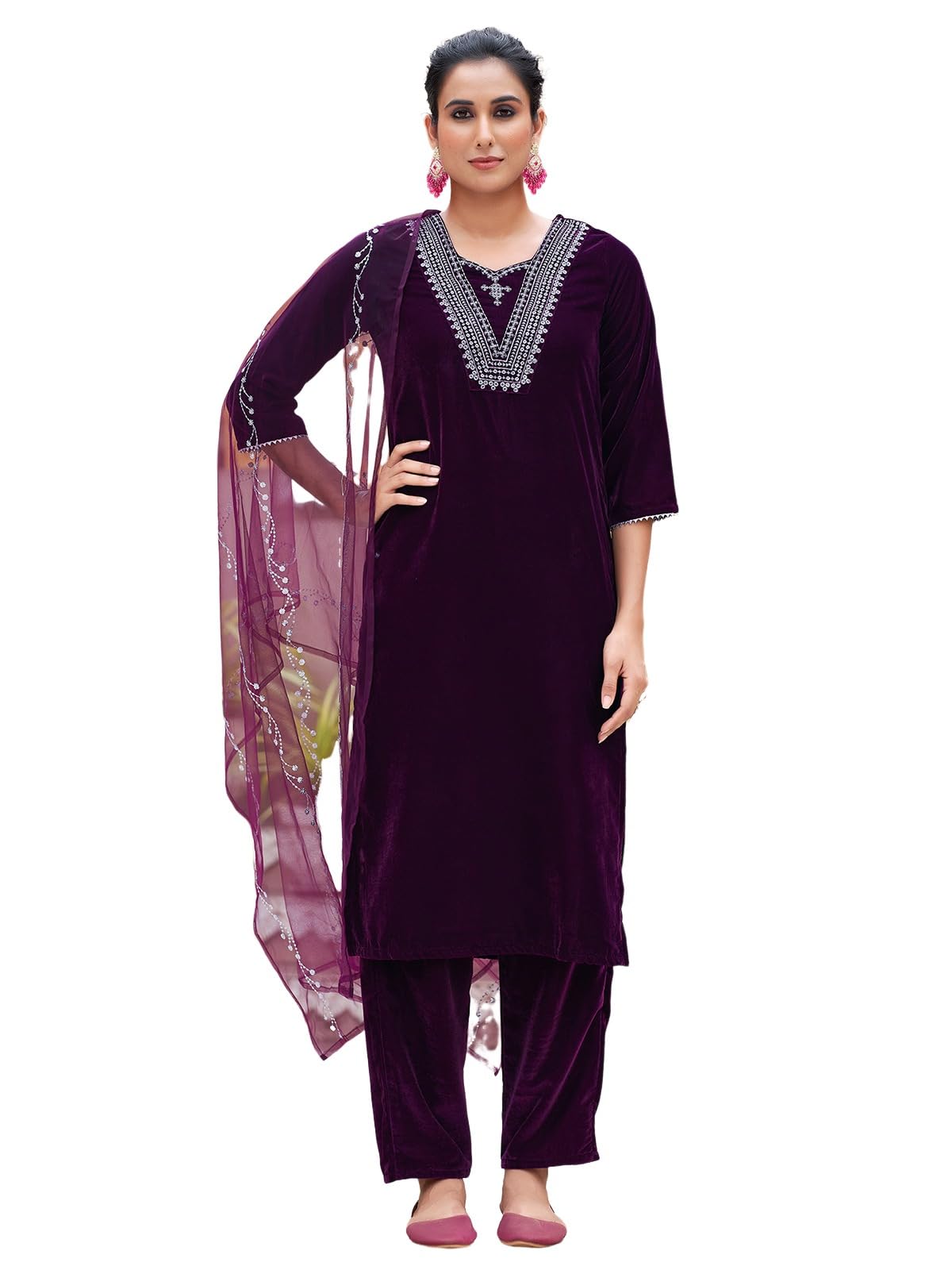 Sanisa Women's Velvet Sequins And Embroidery Work Straight Kurta With Pant And Dupatta Set (224Kbd2376N-Xxl_Wine)