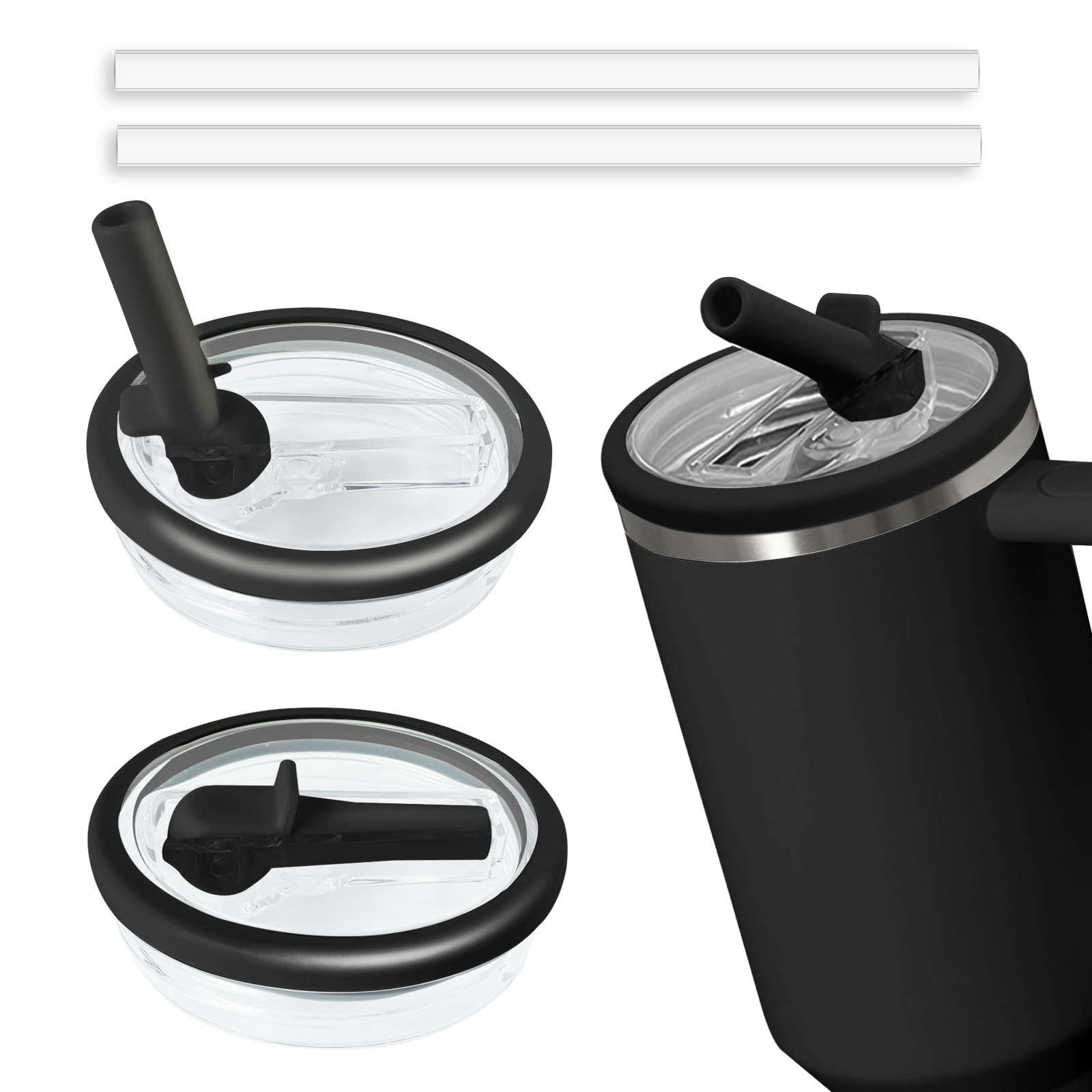 2pcs Leakproof Lid with Straw for Stanley Replacement,No-Spill Cup Lids for Stanley Quencher,Tumbler Flip Straw Lid for Stanley Accessories (Black, 40oz)