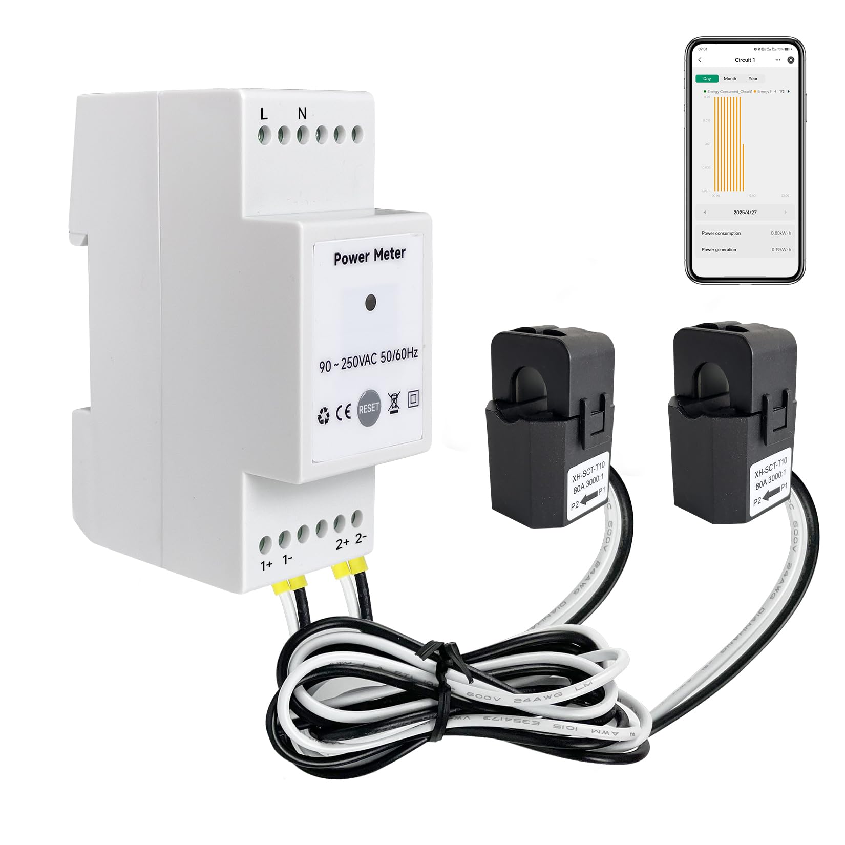 WLAN-Leistungsmonitor, Ein-/Dreiphasen-Energiemonitor, Spannung und Strom in Echtzeit, Alexa- und Google-Steuerung, Überlastschutz (EPMC472*80A)