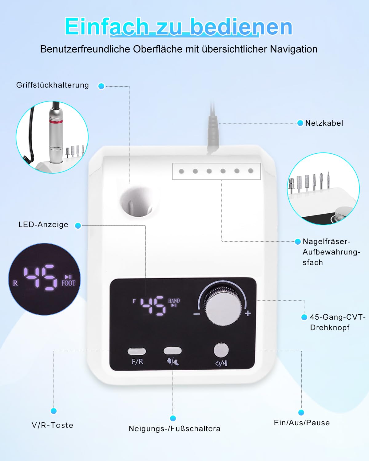 CozyZen Elektrische Nagelfräse Professional, 45000 U/min mit LCD-Display | Hand- & Fußsteuerung, leise, für Acryl- und Gelnägel, Maniküre & Pediküre, ideal für Salon und Zuhause