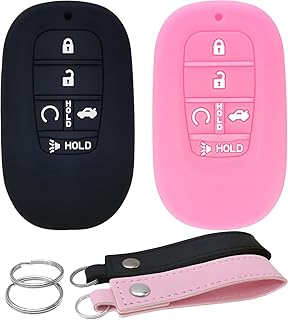 Silicone Key Fob Cover Remote Keyless Case Protector Compatible with 2022 2023 Honda Accord Civic HR-V CR-V Pilot Sport SI EX EX-L Touring (5 Buttons Black + Pink)