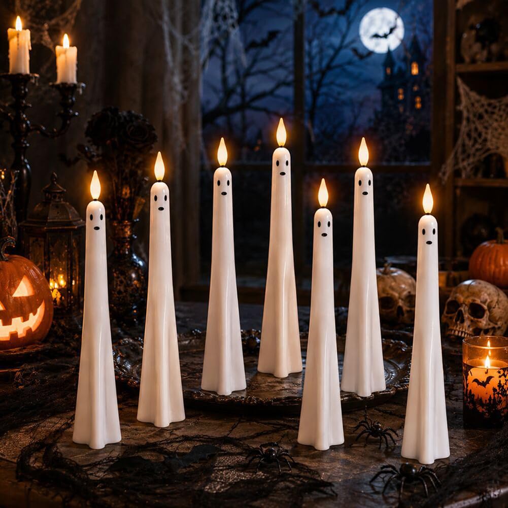 Bezpłomieniowe świece stożkowe na Halloween, z czujnikiem, zasilana bateryjnie świeca LED z migoczącym efektem płomienia, do dekoracji domu, na święta, imprezę (bez baterii), 12 szt