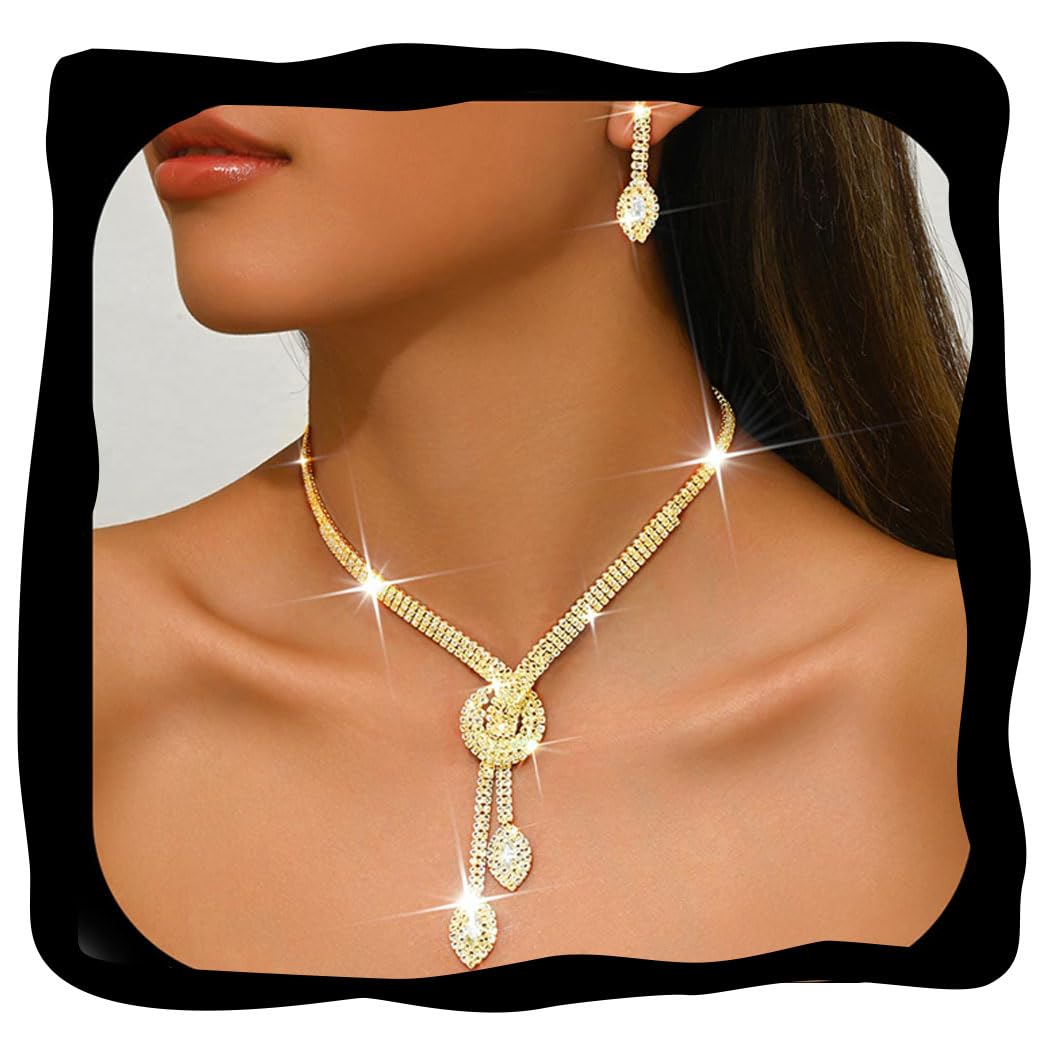 Silver Rhinestone Bridal Wedding Jewelry Set Crystal Necklace Earrings Sets Formal Prom Costume Jewelry Sets for Women and Brides