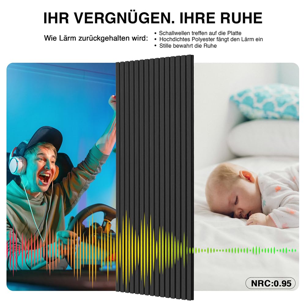 Faltbar Akustikpaneele Holz 240x60cm-3 Stück(4,32m²) Wandpaneele mit Holzfurnier & Filz|Holzpaneele Wand Acoustic Panel|Wandverkleidung innen für Home-Studio,Wohnzimmer & Büro Schwarz#22