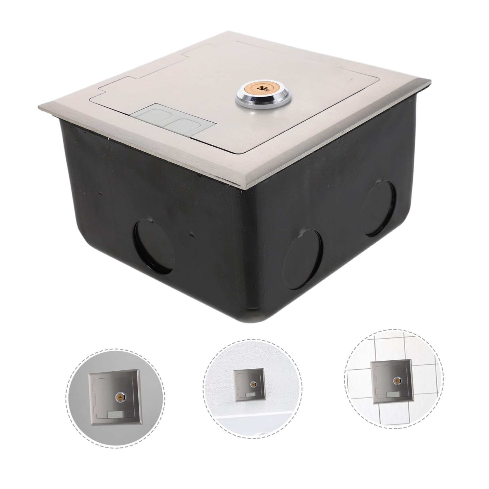 Scatola Stagna per Prese in Acciaio Inox da Pavimento | Design Ultrapiatto a Incasso, Coperchio con Serratura e Uscita Cavo Rimovibile, Finitura Argento