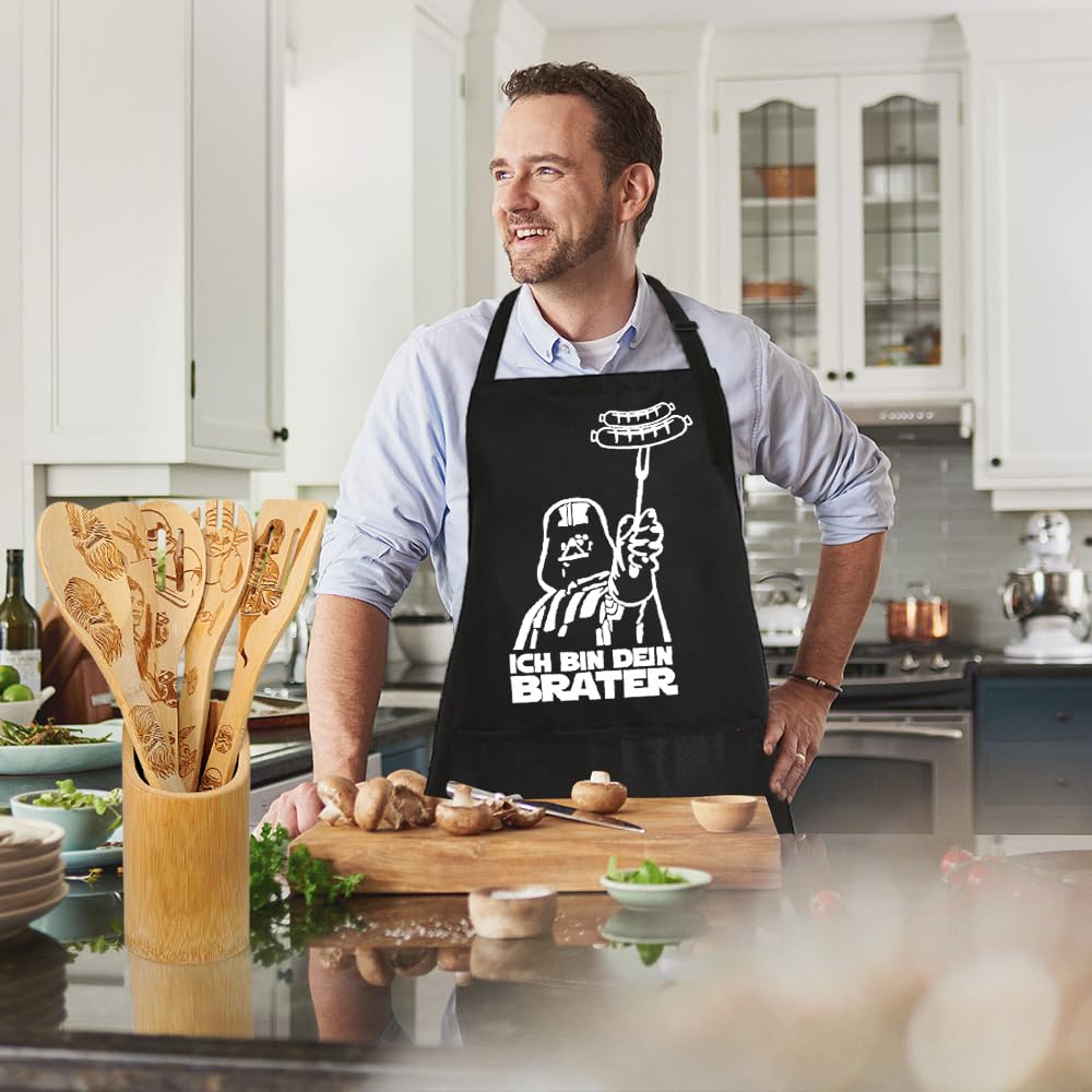 DaceStar - Star Delantal para Barbacoa y Cuchara de Cocina de Madera, Star Regalo Wars, Divertido Merch de Cocina, Decoración