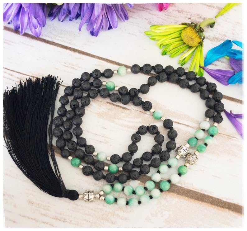Cuentas Mala de piedra de jade verde lava, collar de 108 mala, nudo mala, collar WWG, joyería de yoga, cuentas de meditación, joyería espiritual, joyería bohemia, 34inch, Gema