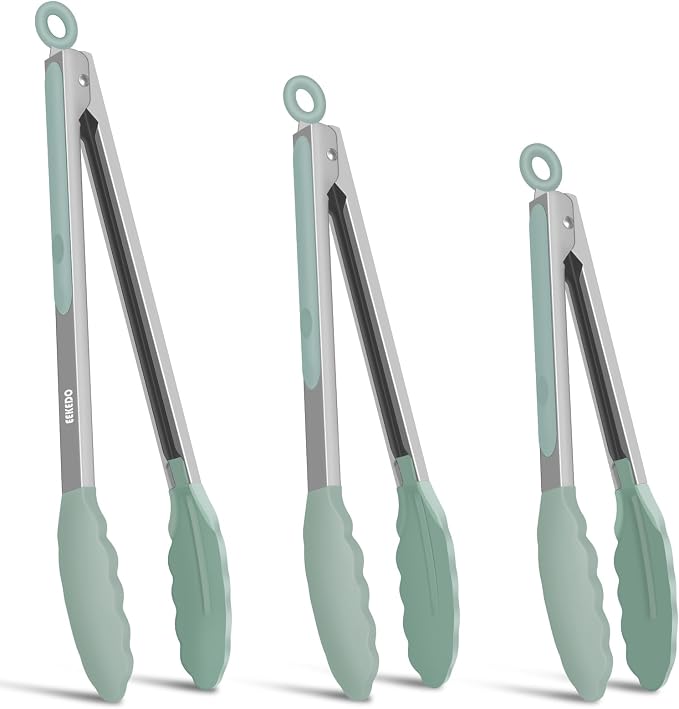 Kitchen Tongs, Stainless Steel Cooking Tongs with Silicone Tips, 600ºF High Heat-Resistant Non Scratch Locking Tongs for Cooking BBQ Grilling Air Fryer Pans, Set of 2 (7" 9" and 12") Light Grey