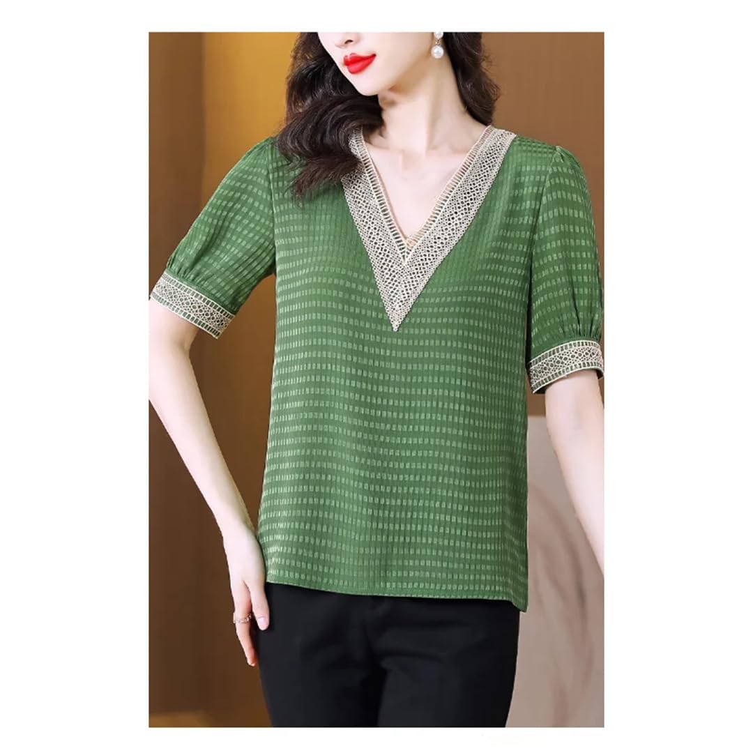 Camicetta da donna in raso a maniche corte con scollo a V in pizzo primaverile camicetta casual
