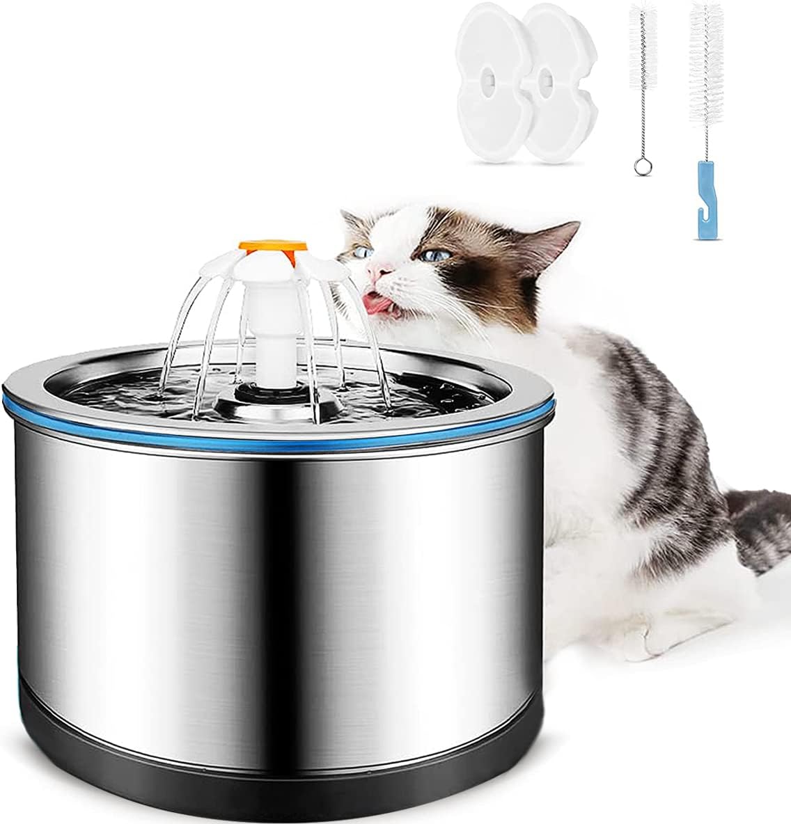 Pet Water Fountain, 2.5L Stainless Steel Cats & Dogs Drinking Dispenser with LED Indicator, 3 Flow Modes, Includes 2 Replaceable Filters & 2 Cleaning Brushes (V3.0)