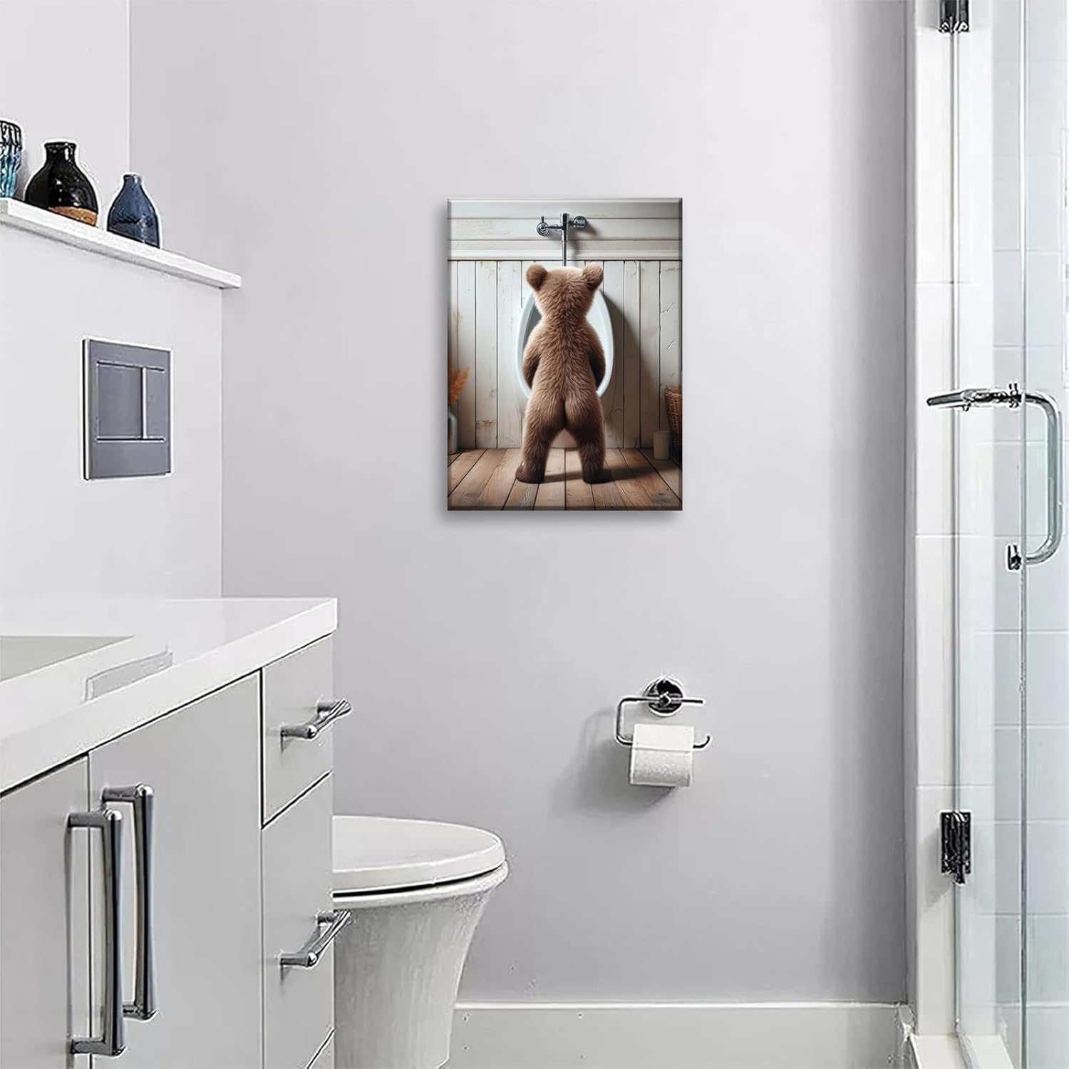 Humorous Bear Wall Art Funny Animals Kids Bathroom Artwork Canvas Poster Prints Funny Brown Bear Wall Art Cute Animal Wall Decoration Paintings Pictures for Living Room Bedroom Office 16x24in Canvas