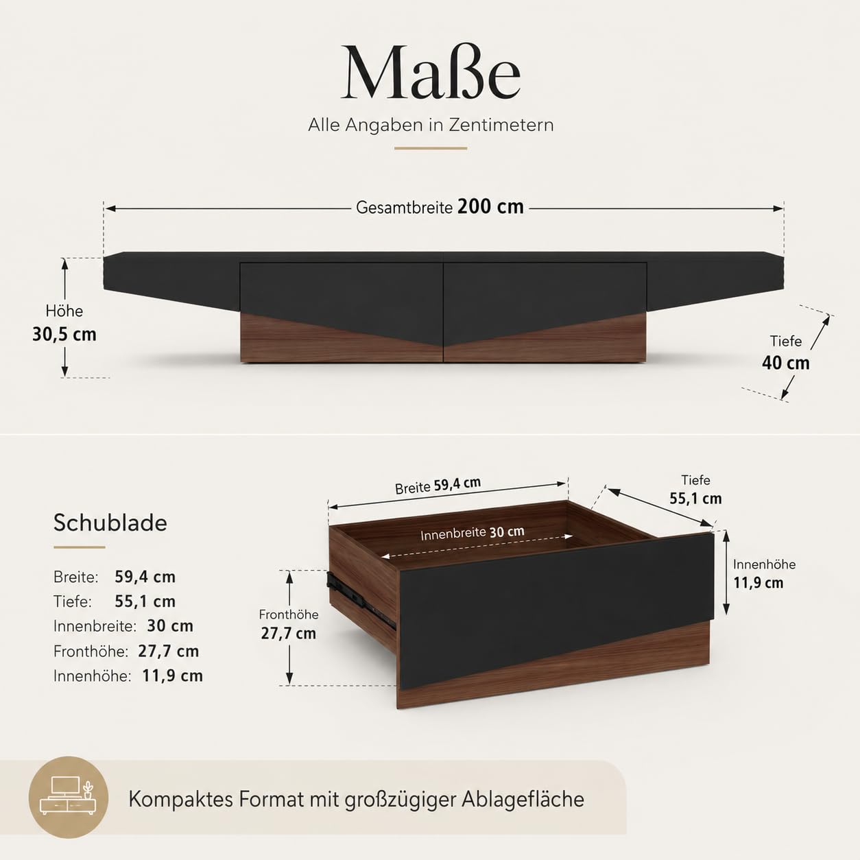 Caldion Modernes TV-Lowboard TV-Schrank mit 2 Schubladen Fernsehtisch mit Tischplatte Fernsehschrank TV-Ständer für Wohnzimmer Schlafzimmer MDF Braun und schwarz 200x40x30cm