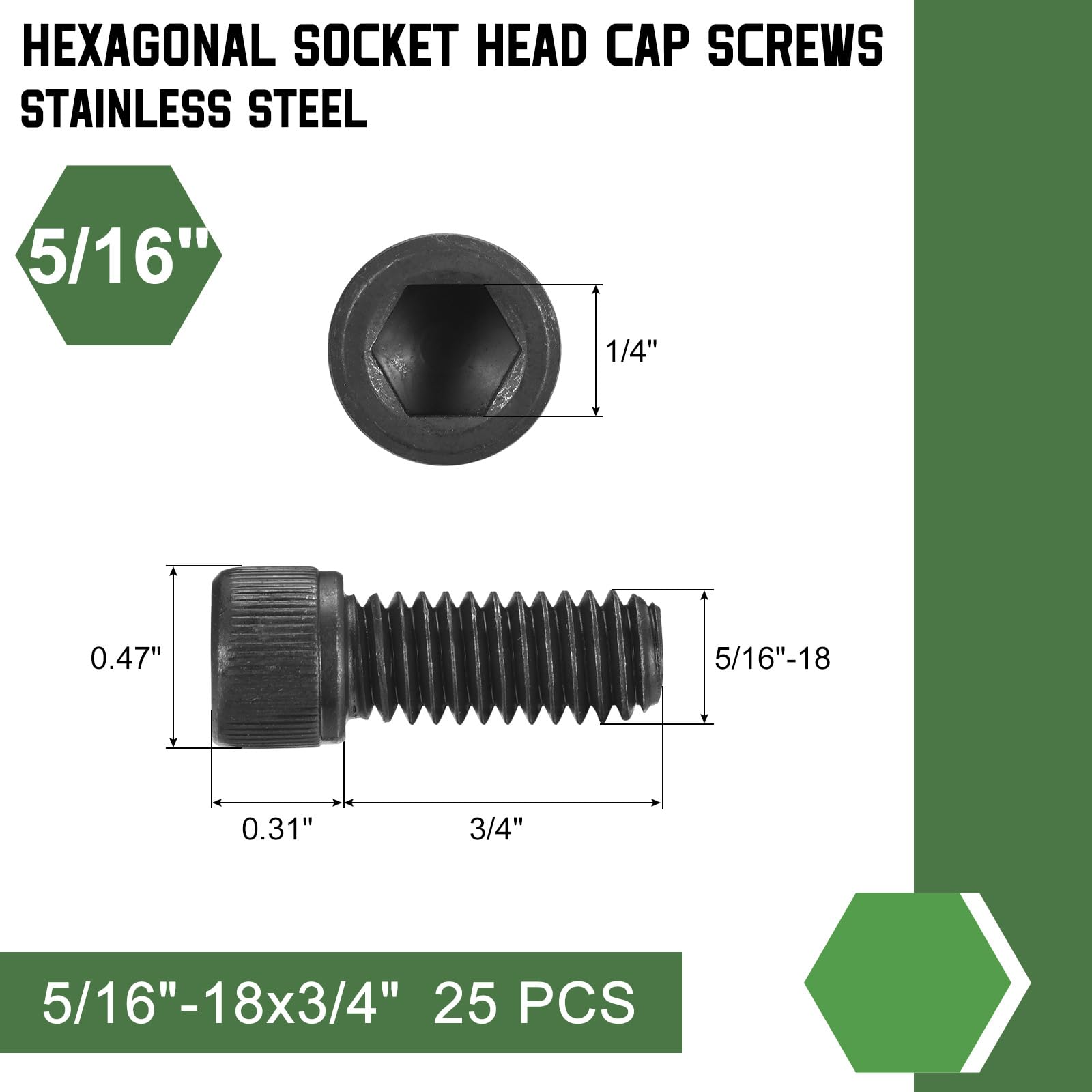 uxcell Hex Socket Bolts (5/16"-18x3/4"), 304 Stainless Steel Hex Socket Drive Screw, Black, 25 Pcs - Image 2