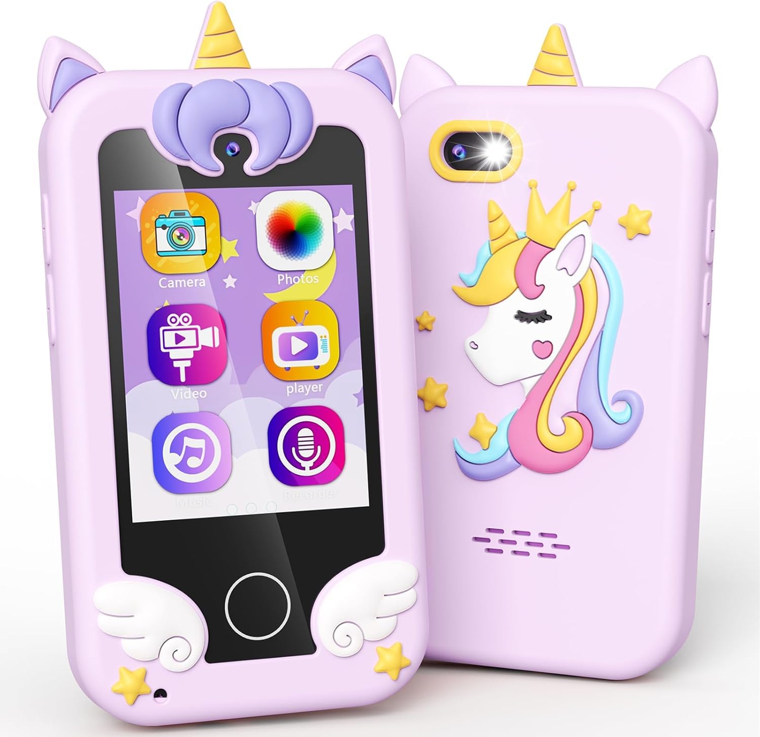 Kikapabi Kids Smart Phone - Toddler Touchscreen Toy with HD Dual Camera | Unicorn Travel Play Phone for Girls & Boys Ages 3-10, Birthday (Purple-01)