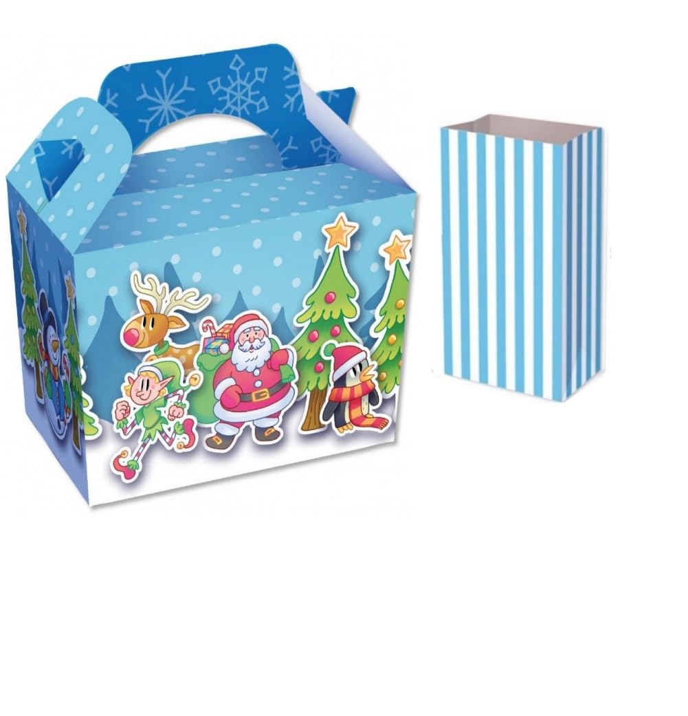 Christmas Table Present Gift Boxes/Party Food Boxes PLUS BLUE PICK n MIX BAGS (Naughty Elf, 30 Boxes)