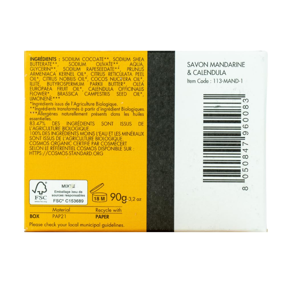 Pastilla de Jabón Orgánico Piel Seca, Mandarina y Caléndula, Artesanal en Francia, Certificado COSMOS, 90g — view 2