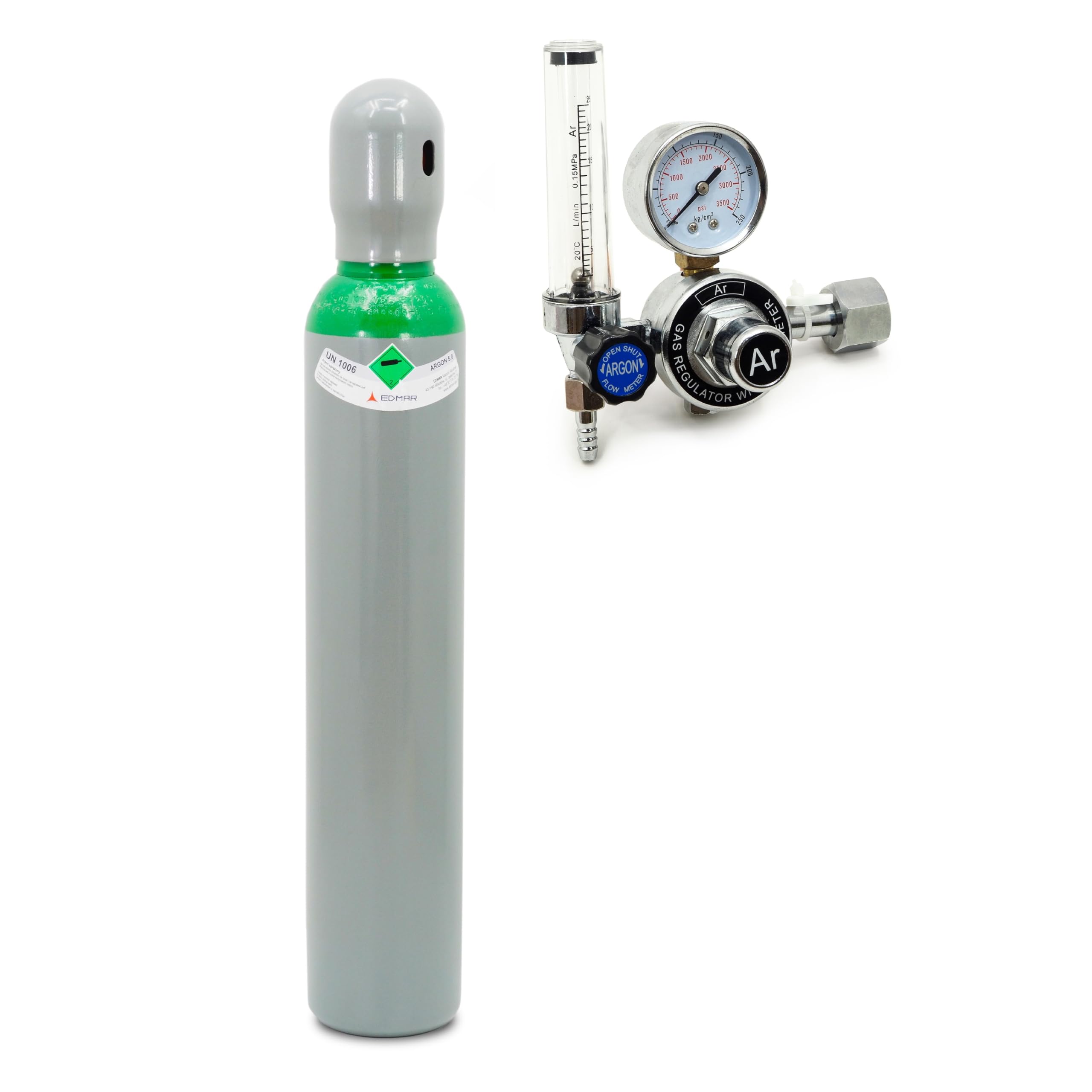 Argon Gasflasche 5.0 8L 200 Bar mit ZR-67 Druckminderer Ar/CO2 und Rotameter - Hochreines Schweißgas mit Präzisionsregler für stabile Nähte