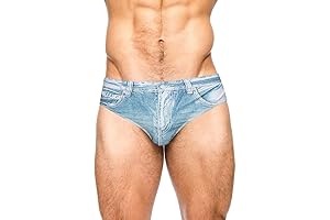 Men's Swim Brief, Denim Print Swim Trunks, Drawstring Waist, Swimsuit Bikini Briefs