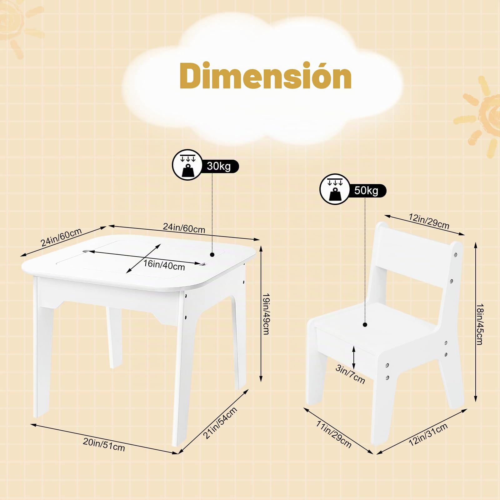 WOLTU Juego de Mesa y 2 Sillas Infantil Blanca