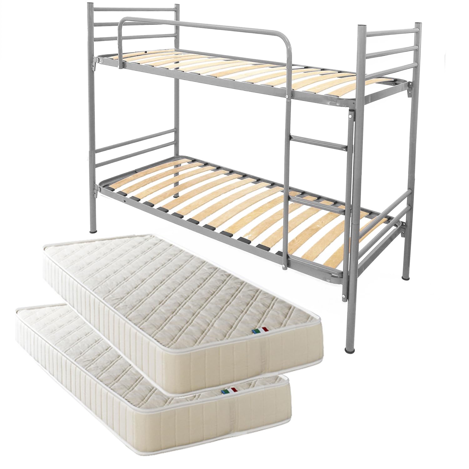 Lit Superposé Argente métal 80x200 Métal,Fer,Acier cm avec 2 Matelas adaptés aux Enfants et aux Adultes
