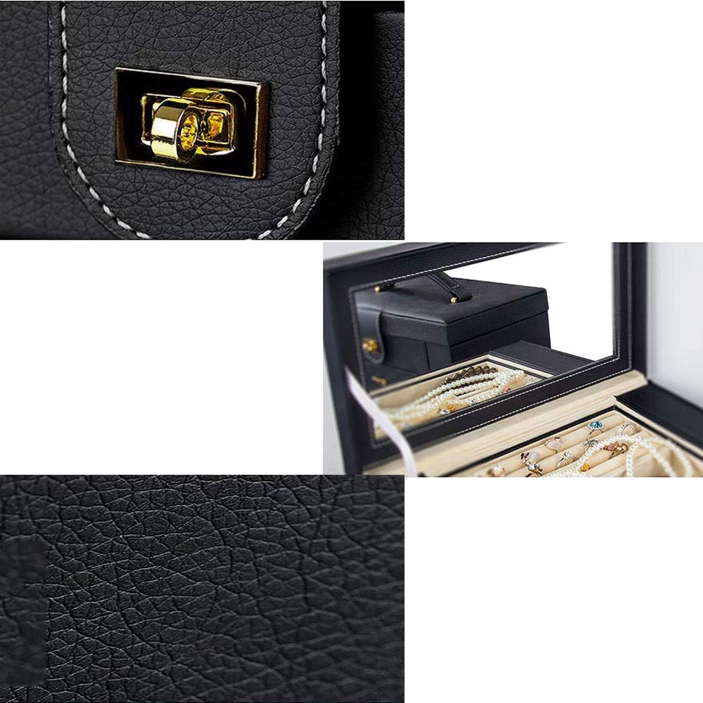 Joyero de Piel sintética con Seis Pisos, Estilo Princesa de Gran Capacidad con Espejo, Caja de Almacenamiento versátil para Joyas, joyero para Mujer (Color: Negro)