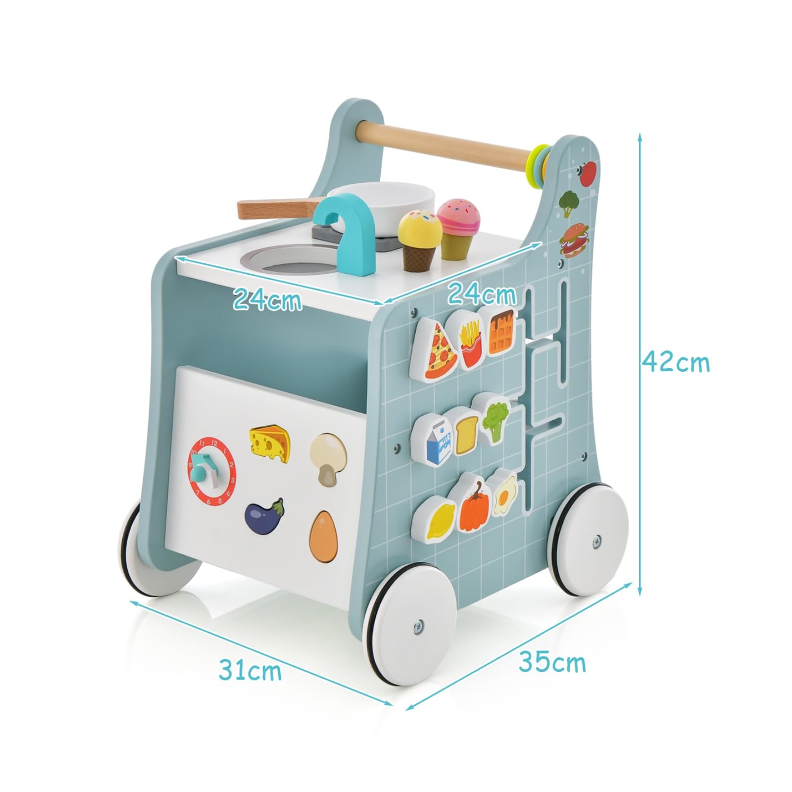 LIFEZEAL Girello per Bambini, Girello Neonato, in Legno, Girello con Giocattoli Montessori, Baby Walker, Primi Passi, Carrellino per Bimbi da 12 mesi a 36 mesi, Carrello Primi Passi con Ruote, Blu