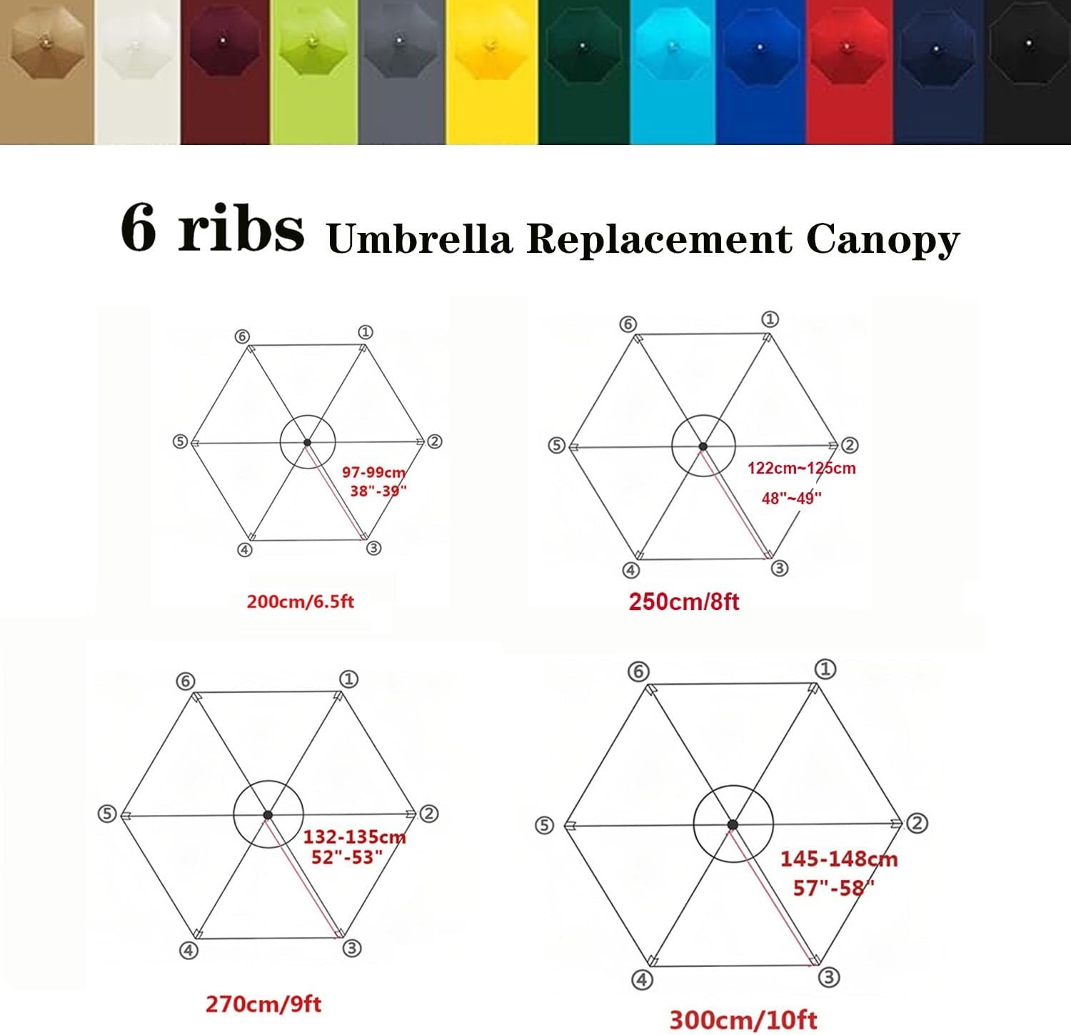 Patio Umbrella Cover Canopy Replacement Top For 6 Ribs, Fade Resistant Tear Resistant Outdoor Table Market Umbrella Canopy Cloth For Lawn Garden Backyard Sand Pool