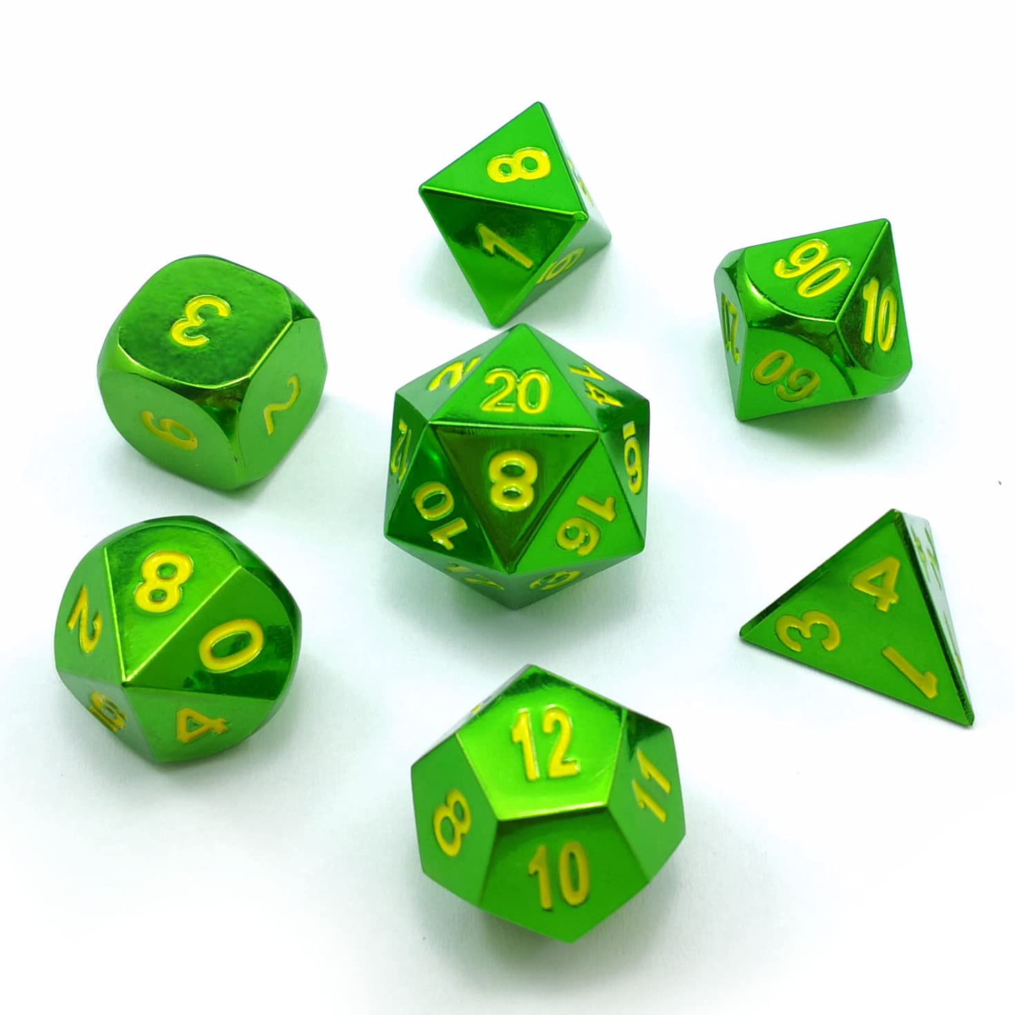 Bescon Heavy Duty Solid Metal Dice Set Glossy Green, Solid Metallic Polyhedral D&D RPG 7-Dice Set