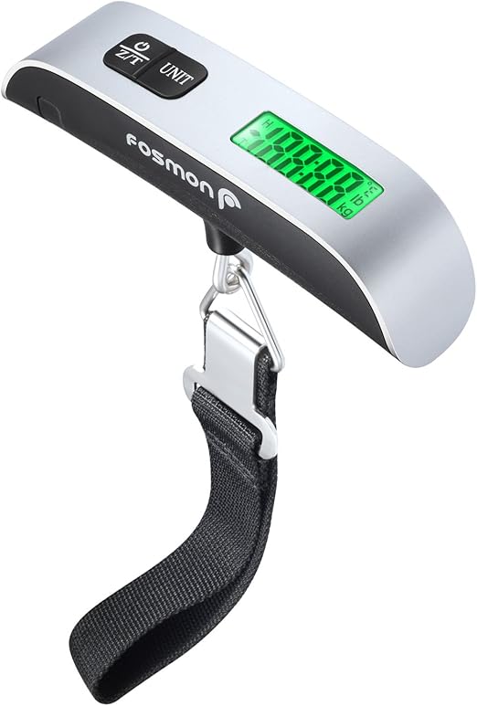 Fosmon Digital Luggage Scale, LCD Display Backlight Temperature Baggage Scale with 110lbs Capacity, Portable Stainless Steel Hanging Luggage Weight Scale with Tare Function for Travelers - Silver