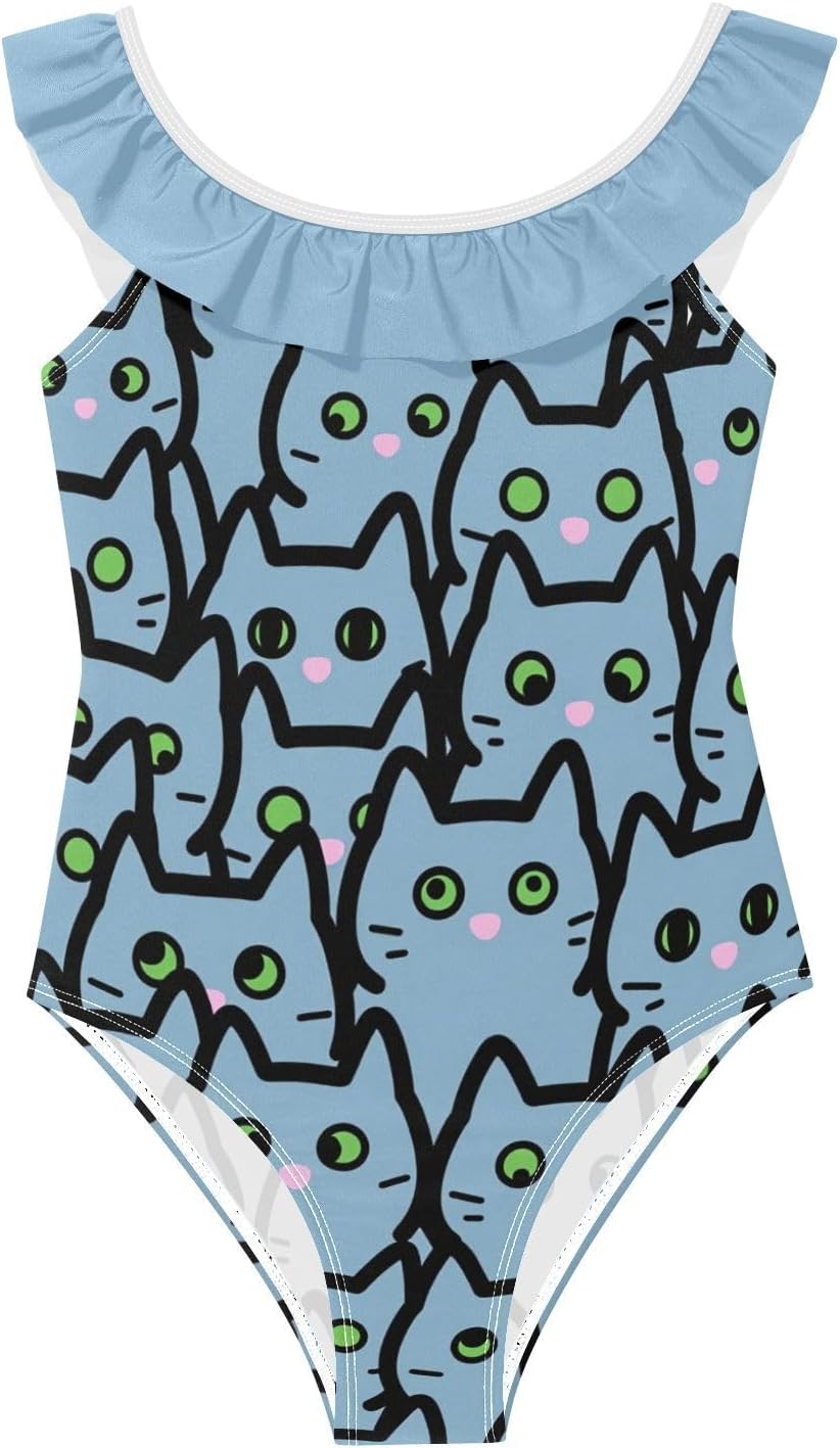 visesunny Girls One Piece Swimsuits Ruffle Swimwear Blue Cat Cartoon Bathing Suits for Girls 3-6Y