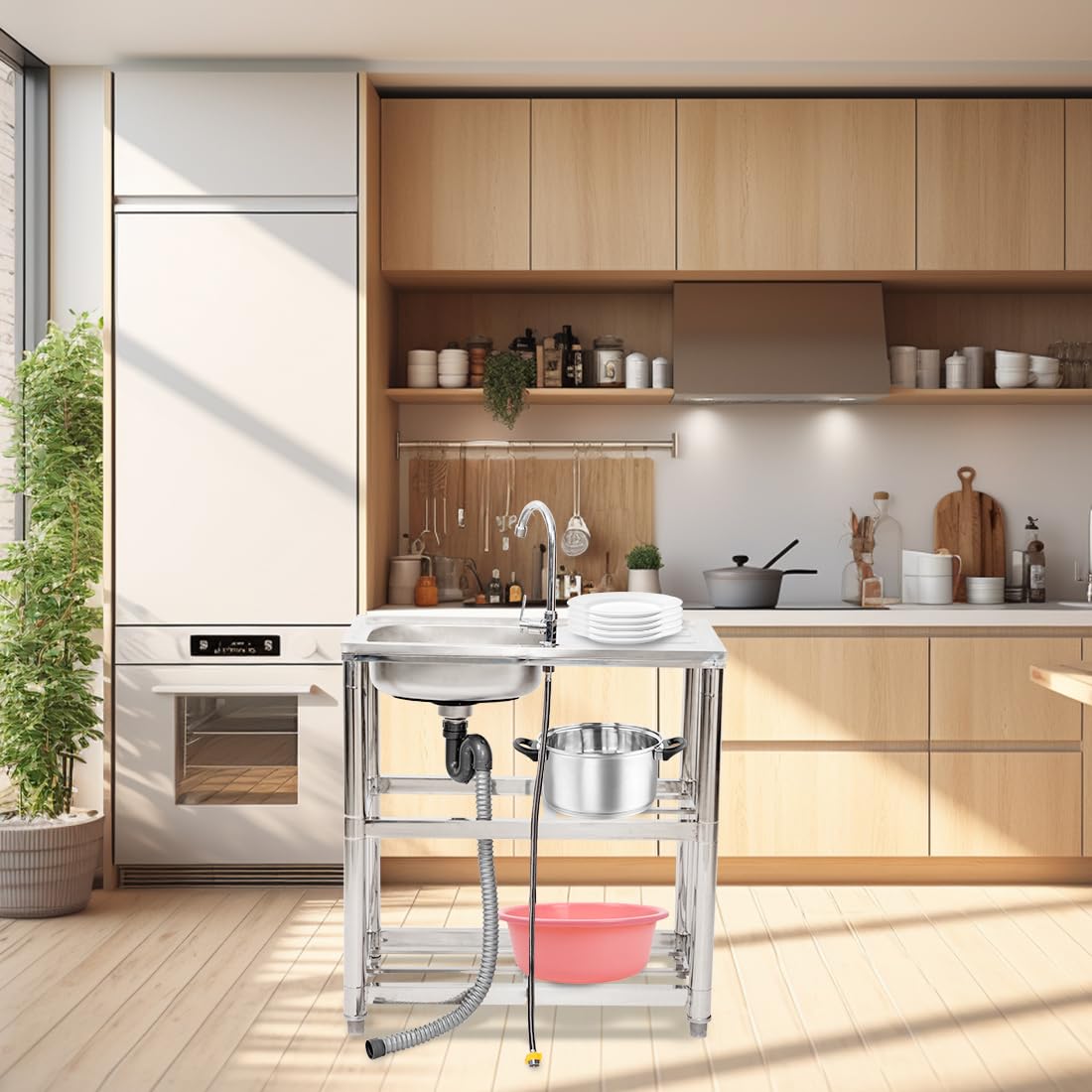 Lavabo independiente de acero inoxidable, lavabo libre con grifo, fregadero de cocina con superficies de apoyo, lavabo multifuncional con tubería de agua, lavabo de uso para lavadero, jardín