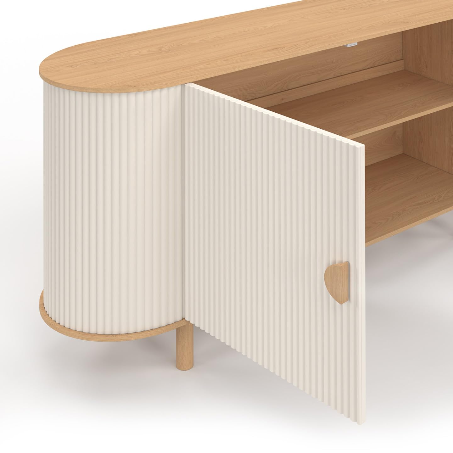 IDMarket - Buffet 140 cm KANEL 2 Portes Effet cannelé Beige et Bois