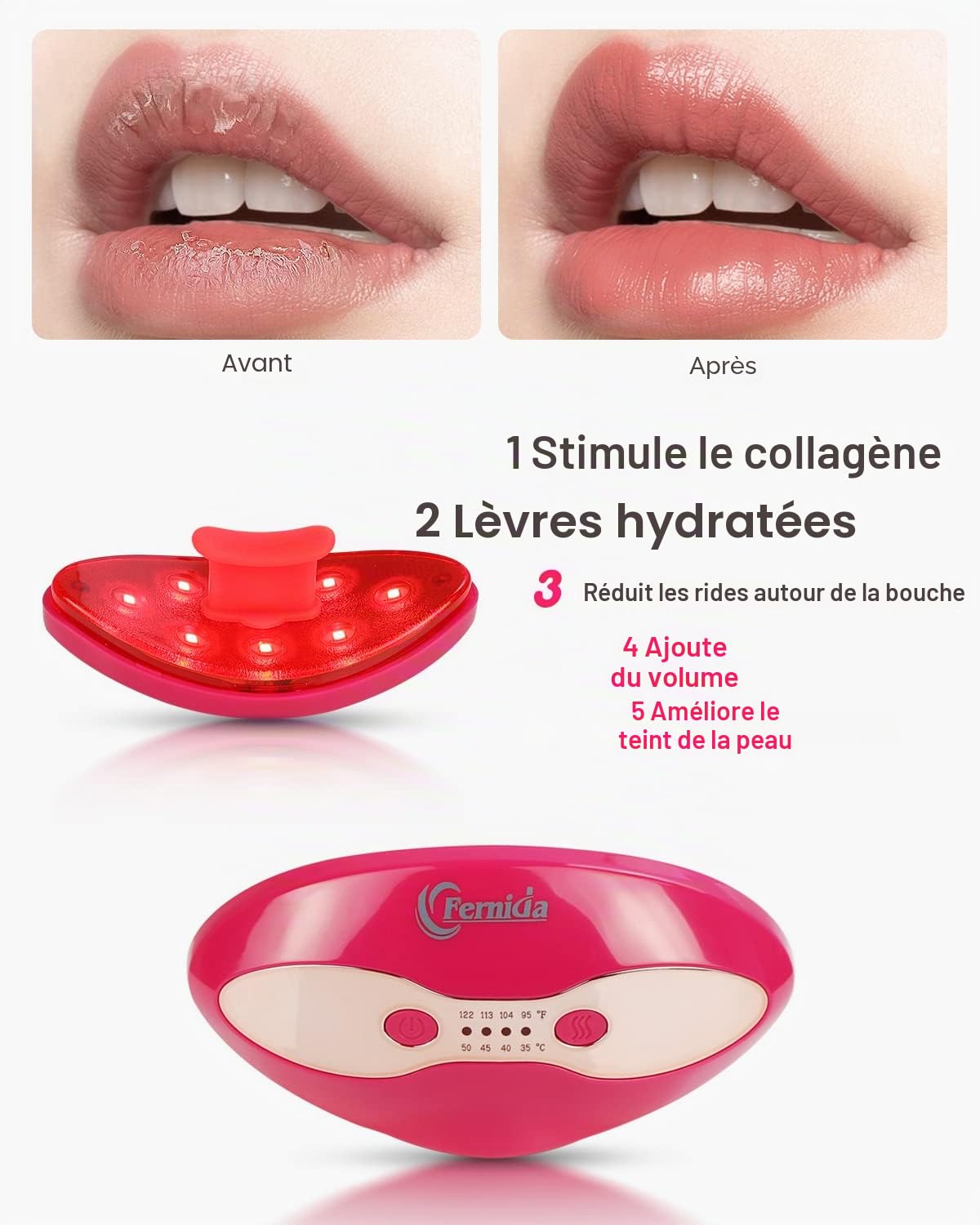 FERNIDA Appareil pour les Lèvres et les Yeux à Lumière Rouge, 4 Niveaux de Chauffage, Réduction des Rides et des Cernes, Rouge