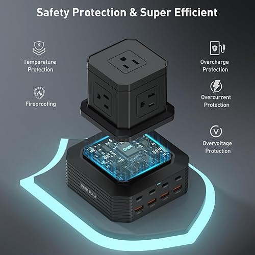Miniatura 3 de GEEK FULLY Regleta de alimentación con protector de sobretensiones, estación de carga de escritorio, cable de extensión de 6.6 pies con 5 salidas de