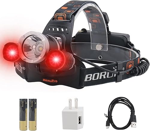 BORUIT Linterna frontal recargable LED RJ-3000, 3 modos de luz LED blanca y roja, linterna táctica súper brillante, lámpara de cabeza de luz roja