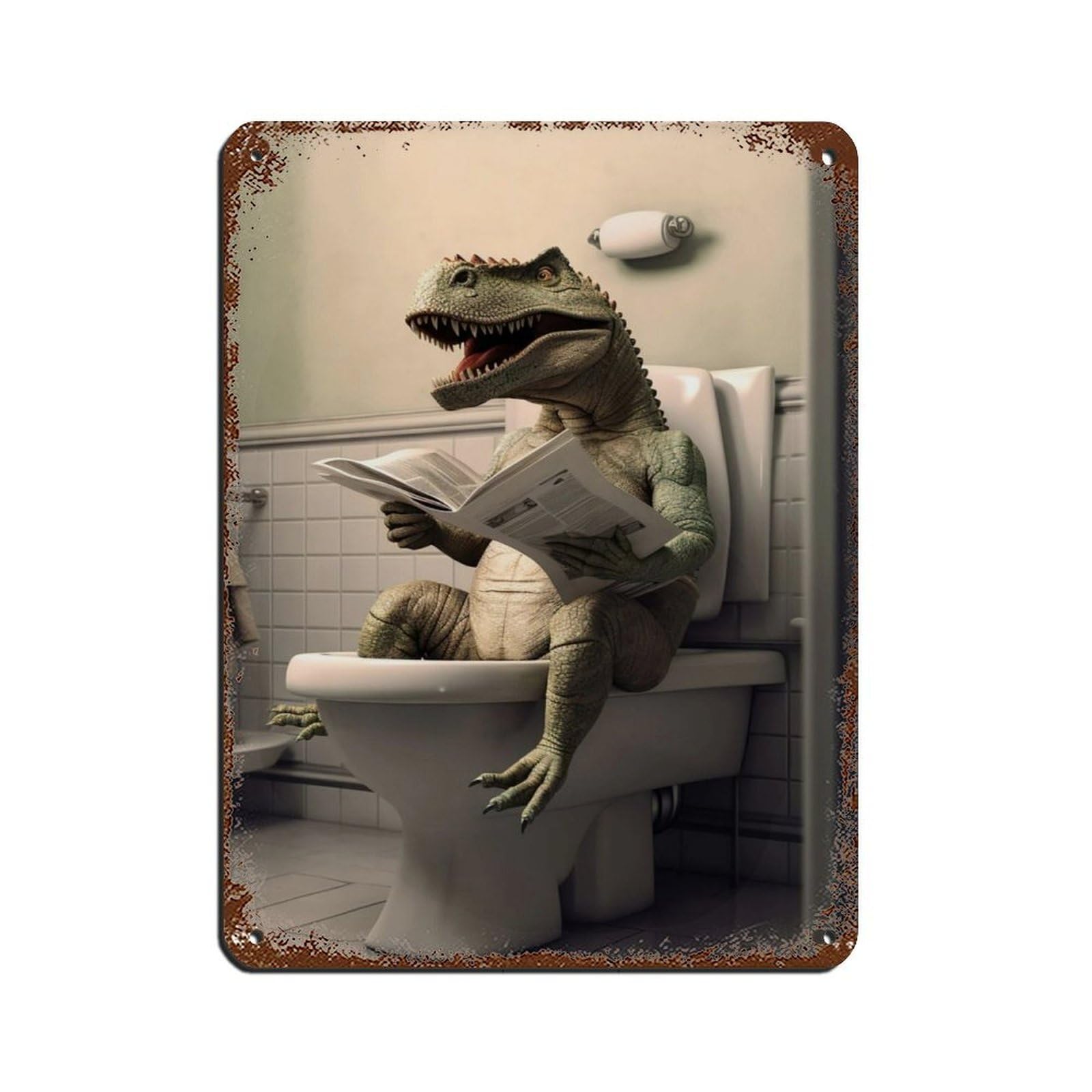 T-Rex Sitting on The Toilet Reading A Newspaper Tin Sign Vintage Metal Pub Club Cafe Bar Home Wall Art Decoration Poster Retro 12x16inch(30x40cm)