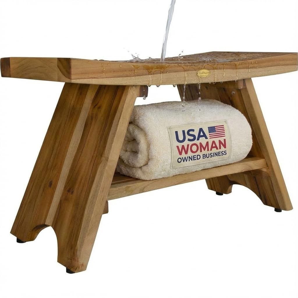 EcoDecors 35 Inch Serenity Teak Shower Bench – Waterproof Bathroom Seat with Large Storage Shelf For Adults & Seniors | Spa-Style Teak Wood Stool with Non-Slip Feet, Elegant Finish, 300 Pound Capacity