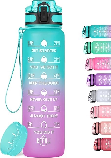 NECESSARY 1L Motivational Water Bottle with Time Marker & Fruit Strainer, Leak-proof BPA Free Non-Toxic, Carrying Strap and Clean Brush, Perfect for Fitness, Gym and Outdoor Sport (Ombre: Mermaid)