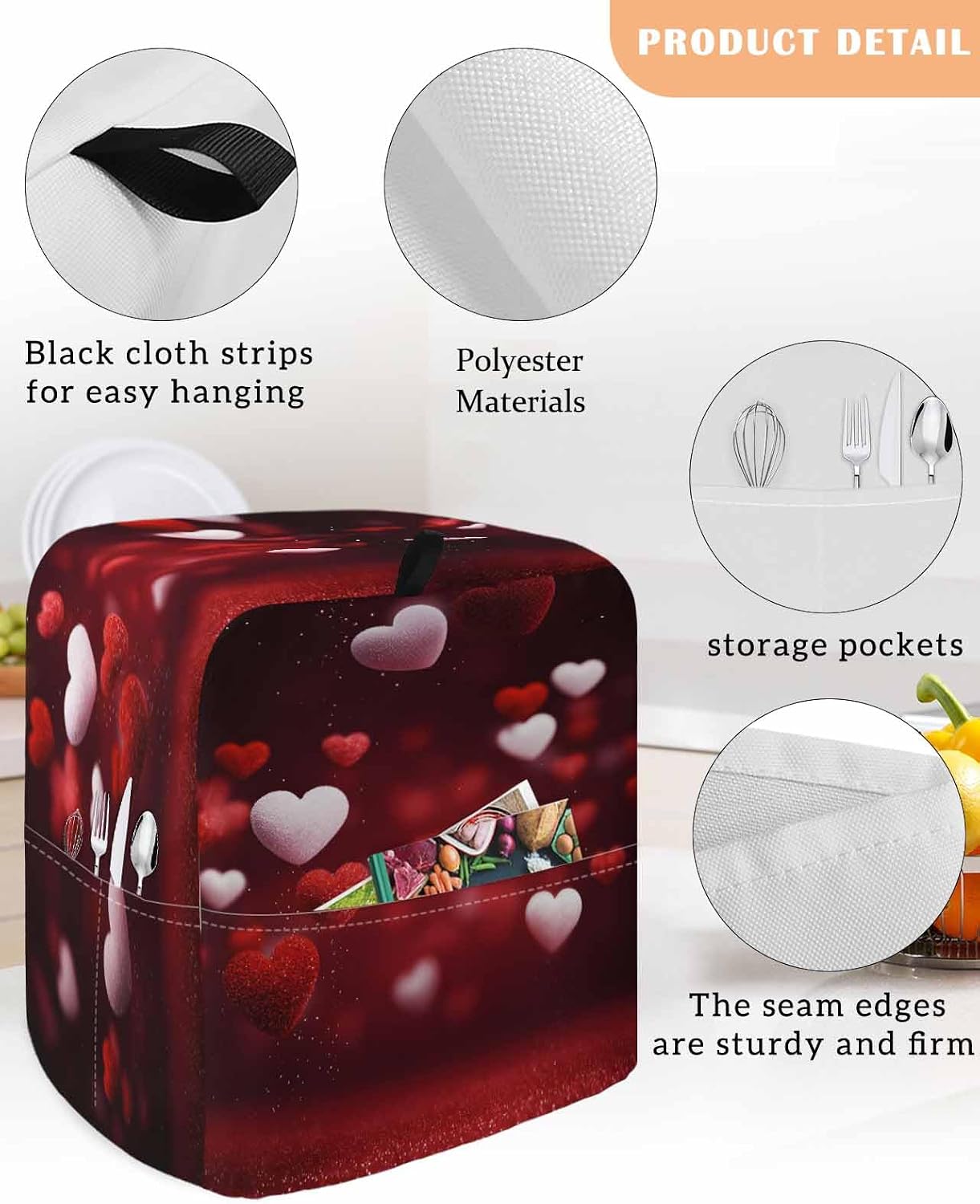 Valentine's Day Stand Mixer Cover with Storage Pocket, Waterproof Kitchen Mixer Covers, Romantic Love Heart Red White Kitchen Appliance Dust Cover Compatible with 5-8 Quart Mixers
