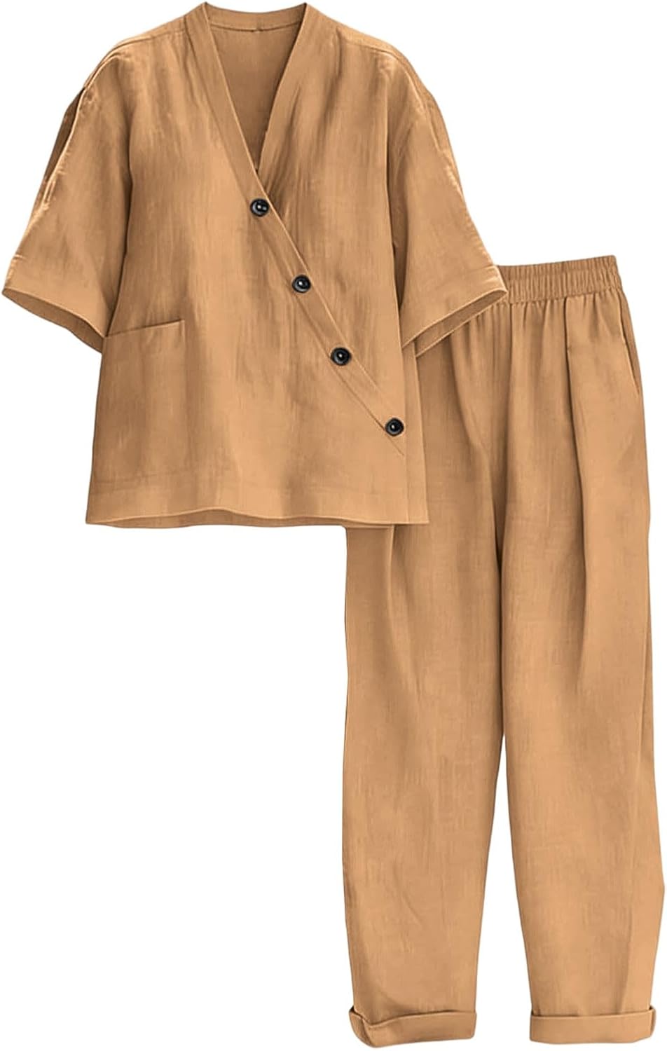 Linen Set for Women 2 Piece Button Side Irregular Shirts Matching Pants Sets 2026 Comfort Casual Airport Outfits