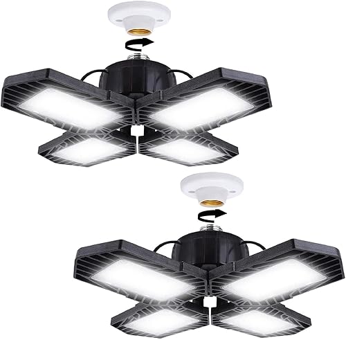 Paquete de 2 luces LED de garaje, 100 W deformables iluminación LED 10000LM E26 luz diurna 6000 K luces ajustables súper brillantes para almacén